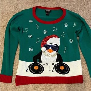 Hooked Up by IOT Green and Red DJ Penguin Sweater